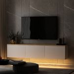 Neon závěsný TV stolek s LED osvětlením, bílá / dub