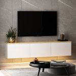 Neon závěsný TV stolek s LED osvětlením, bílá / dub