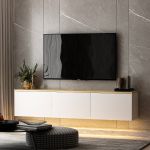 Neon závěsný TV stolek s LED osvětlením, bílá / dub