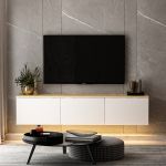 Neon závěsný TV stolek s LED osvětlením, bílá / dub