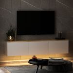Neon závěsný TV stolek s LED osvětlením, bílá / dub