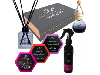 Smell of Life Dárková sada 5 for HER - Vonný difuzér 100 ml La Vie Est Belle - Parfém do bytu/auta La Vie Est Belle 200 ml - Vůně do auta La Vie Est Belle 10 ml - 3 x vonný vosk inspirovaný  La Vie Est Belle, Sí a Mademoiselle