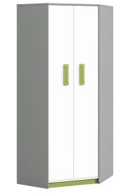 Rohová šatní skříň VILLOSA šedá/bílá/zelená