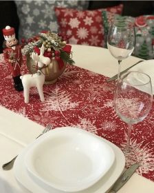 Vánoční běhoun na stůl 35x230 CM bílé větvičky / vločky na červeném podkladu