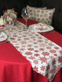 Vánoční běhoun na stůl 35x190 CM červené sněhové vločky na bílém podkladu