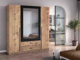 LYON čtyřdveřová šatní skříň se zrcadlem, dub Apalačský / antracit