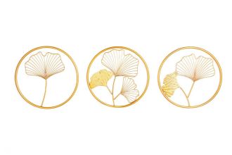 3SET nástěnná dekorace GINKGO 40 CM zlatá