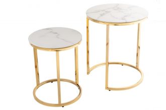 2SET odkládací stolek ELEGANCE GOLD ROUND 40 CM bílý mramorový vzhled