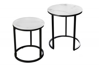 2SET odkládací stolek ELEGANCE BLACK ROUND 40 CM bílý mramorový vzhled