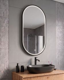 Oválné zrcadlo VERONA 50x100 CM s LED podsvícením po celém obvodu v černém hliníkovém rámu se senzorem