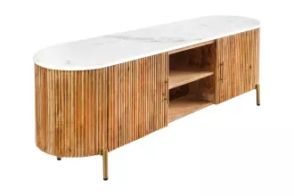 Televizní stolek TRES CHIC 140 CM bílá/přírodní mramor/masiv mango