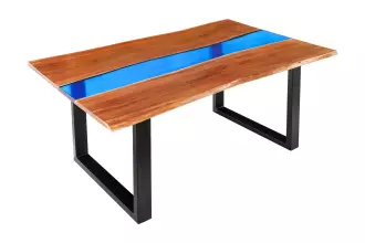 Jídelní stůl LIQUID 160 CM masiv akácie/modrý epoxidový pás