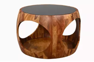 Konferenční stolek ORGANIC LOOP 60 CM černý/hnědý sklo/masiv sheesham