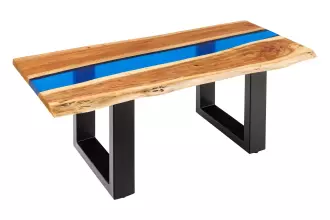 Konferenční stolek LIQUID 110 CM masiv akácie/modrý epoxidový pás